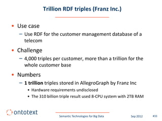 Trillion RDF triples (Franz Inc.)

• Use case
  – Use RDF for the customer management database of a
    telecom
• Challenge
  – 4,000 triples per customer, more than a trillion for the
    whole customer base
• Numbers
  – 1 trillion triples stored in AllegroGraph by Franz Inc
     • Hardware requirements undisclosed
     • The 310 billion triple result used 8-CPU system with 2TB RAM



                     Semantic Technologies for Big Data     Sep 2012   #33
 
