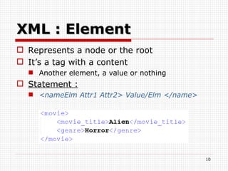 XML : Element Represents a node or the root  It’s a tag with a content Another element, a value or nothing  Statement : <nameElm Attr1 Attr2> Value/Elm </name>   