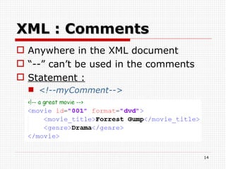 XML : Comments Anywhere in the XML document “ --” can’t be used in the comments Statement : <!--myComment--> 