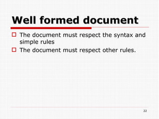 Well formed document The document must respect the syntax and simple rules The document must respect other rules. 