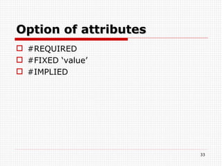 Option of  attributes #REQUIRED #FIXED ‘value’ #IMPLIED 