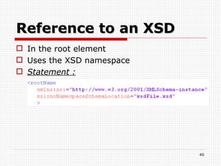 Reference to an XSD In the root element Uses the XSD namespace Statement : 