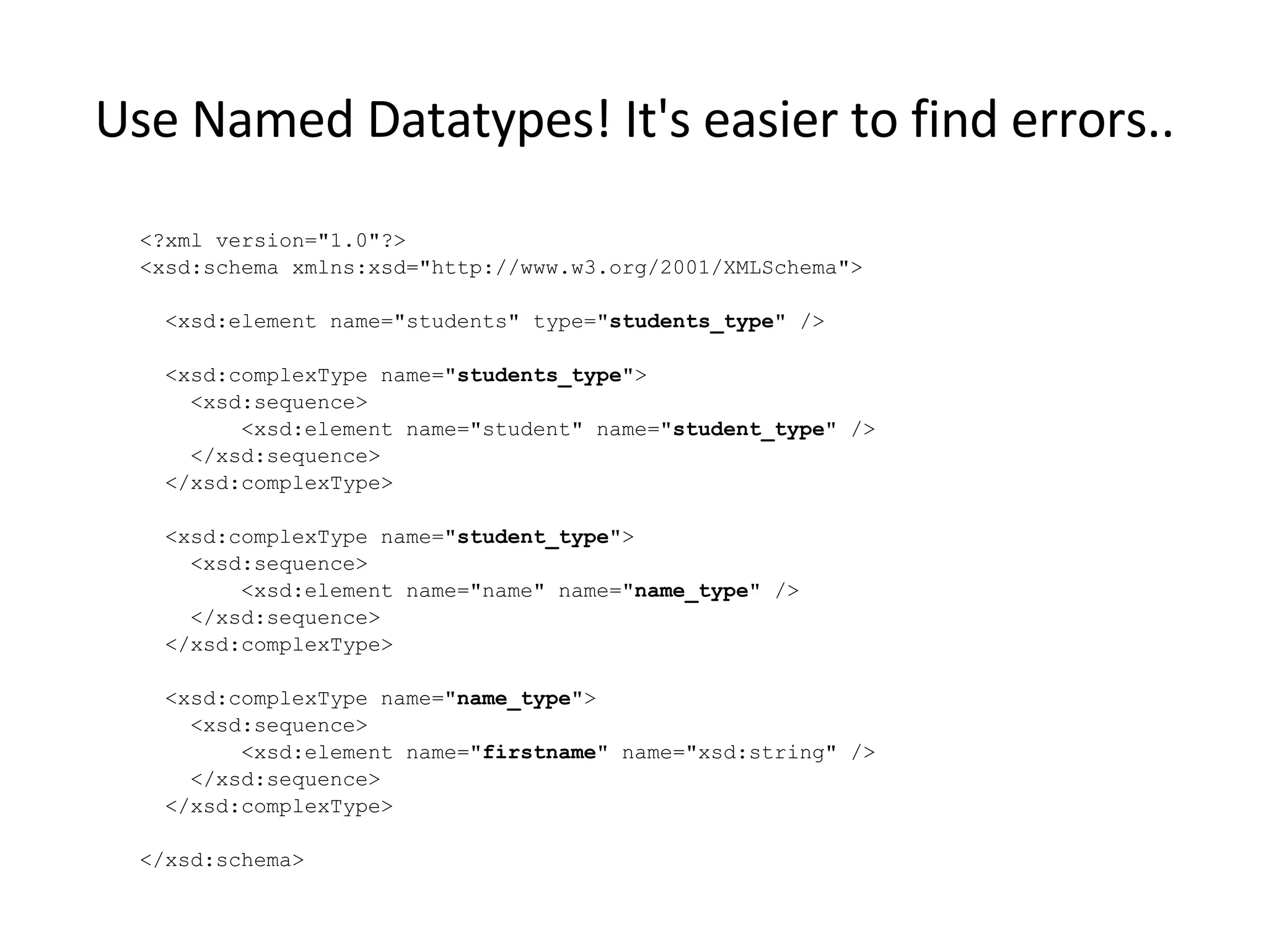 Use Named Datatypes! It's easier to find errors.. <?xml version=&quot;1.0&quot;?> <xsd:schema xmlns:xsd=&quot;http://www.w3.org/2001/XMLSchema&quot;> <xsd:element name=&quot;students&quot; type=&quot; students_type &quot; /> <xsd:complexType name=&quot; students_type &quot;> <xsd:sequence> <xsd:element name=&quot;student&quot; name=&quot; student_type &quot; /> </xsd:sequence> </xsd:complexType> <xsd:complexType name=&quot; student_type &quot;> <xsd:sequence> <xsd:element name=&quot;name&quot; name=&quot; name_type &quot; /> </xsd:sequence> </xsd:complexType> <xsd:complexType name=&quot; name_type &quot;> <xsd:sequence> <xsd:element name=&quot; firstname &quot; name=&quot;xsd:string&quot; /> </xsd:sequence> </xsd:complexType> </xsd:schema> 