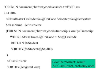 FOR $c IN document(“http://xyz.edu/classes.xml”)//Class
RETURN
<ClassRoster CrsCode=$c/@CrsCode Semester=$c/@Semester>
$c/CrsName $c/Instructor
(FOR $t IN document(“http://xyz.edu/transcripts.xml”)//Transcript
WHERE $t/CrsTaken/@CrsCode = $c/@CrsCode
RETURN $t/Student
SORTBY($t/Student/@StudID)
)
</ClassRoster>
SORTBY($c/@CrsCode)
Give the “correct” result:
All ClassRoster, each only once
 