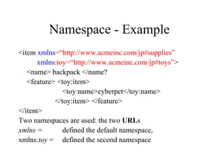 Namespace - Example
<item xmlns=“http://www.acmeinc.com/jp#supplies”
xmlns:toy=“http://www.acmeinc.com/jp#toys”>
<name> backpack </name?
<feature> <toy:item>
<toy:name>cyberpet</toy:name>
</toy:item> </feature>
</item>
Two namespaces are used: the two URLs
xmlns = defined the default namespace,
xmlns:toy = defined the second namespace
 