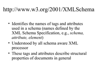 http://www.w3.org/2001/XMLSchema
• Identifies the names of tags and attributes
used in a schema (names defined by the
XML Schema Specification, e.g., schema,
attribute, element)
• Understood by all schema aware XML
processor
• These tags and attributes describe structural
properties of documents in general
 