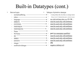 Built-in Datatypes (cont.)
• Derived types
– normalizedString
– token
– language
– IDREFS
– ENTITIES
– NMTOKEN
– NMTOKENS
– Name
– NCName
– ID
– IDREF
– ENTITY
– integer
– nonPositiveInteger
• Subtype of primitive datatype
– A string without tabs, line feeds, or carriage returns
– String w/o tabs, l/f, leading/trailing spaces, consecutive spaces
– any valid xml:lang value, e.g., EN, FR, ...
– must be used only with attributes
– must be used only with attributes
– must be used only with attributes
– must be used only with attributes
– part (no namespace qualifier)
– must be used only with attributes
– must be used only with attributes
– must be used only with attributes
– 456
– negative infinity to 0
 