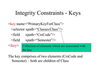Integrity Constraints - Keys
<key name=“PrimaryKeyForClass”>
<selector xpath=“Classes/Class”/>
<field xpath=“CrsCode”/>
<field xpath=“Semester”/>
</key>
The key comprises of two elements (CrsCode and
Semester) – both are children of Class
Collection of elements which are associated with
the key
 