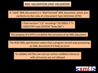 XML VALIDATION AND VALIDATOR

A "Valid" XML document is a "Well Formed" XML document, which also
      conforms to the rules of a Document Type Definition (DTD)

           <?xml version="1.0" encoding="ISO-8859-1"?>
           <!DOCTYPE note SYSTEM "Note.dtd">

 The purpose of a DTD is to define the structure of an XML document

The W3C XML specification states that a program should stop processing
               an XML document if it finds an error

    To validate xml files we can use various validators because
                  with xml errors are not allowed
 