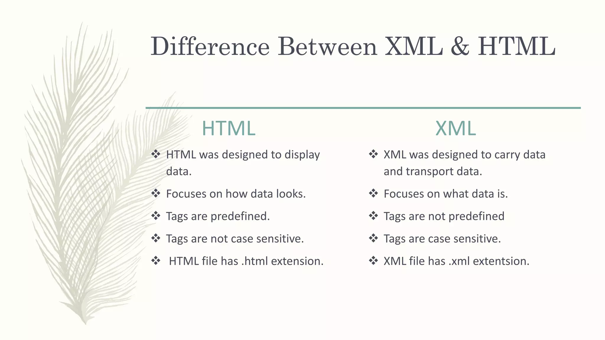 Difference Between XML & HTML
HTML
 HTML was designed to display
data.
 Focuses on how data looks.
 Tags are predefined.
 Tags are not case sensitive.
 HTML file has .html extension.
XML
 XML was designed to carry data
and transport data.
 Focuses on what data is.
 Tags are not predefined
 Tags are case sensitive.
 XML file has .xml extentsion.
 