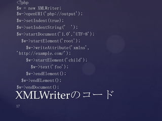 XMLWriterのコード
<?php
$w = new XMLWriter;
$w->openURI('php://output');
$w->setIndent(true);
$w->setIndentString(' ');
$w->startDocument('1.0','UTF-8');
$w->startElement('root');
$w->writeAttribute('xmlns',
'http://example.com/');
$w->startElement('child');
$w->text('foo');
$w->endElement();
$w->endELement();
$w->endDocument();
 
