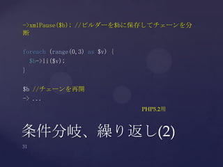 条件分岐、繰り返し(2)
->xmlPause($b); //ビルダーを$bに保存してチェーンを分
断
foreach (range(0,3) as $v) {
$b->li($v);
}
$b //チェーンを再開
-> ...
PHP5.2用
 
