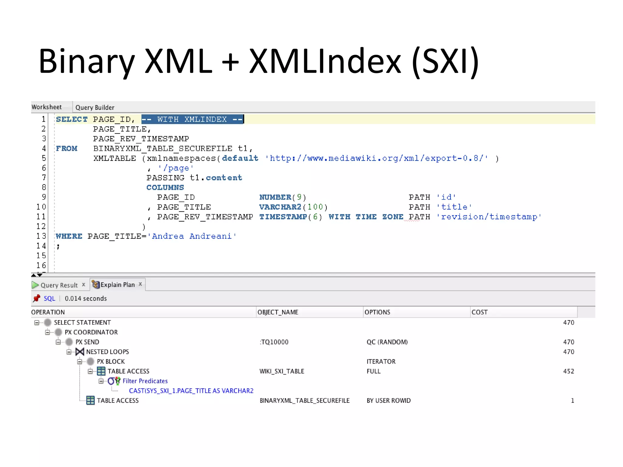 Binary XML + XMLIndex (SXI)

 