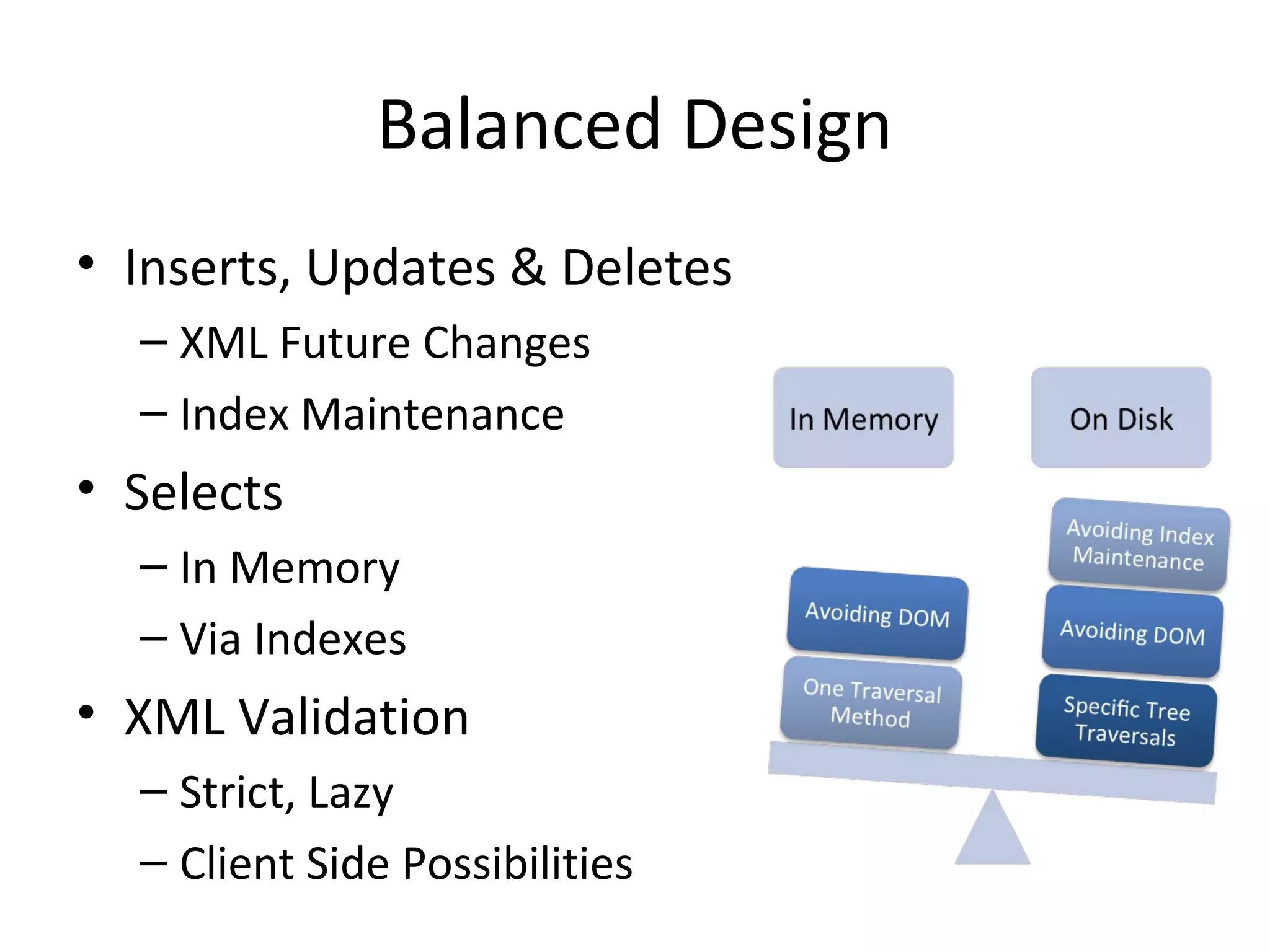 Balanced Design
• Inserts, Updates & Deletes
– XML Future Changes
– Index Maintenance

• Selects
– In Memory
– Via Indexes

• XML Validation
– Strict, Lazy
– Client Side Possibilities

 