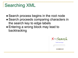 Searching XML
● Search process begins in the root node
● Search proceeds comparing characters in
the search key to edge labels
● Entering a wrong block may lead to
backtracking
 
