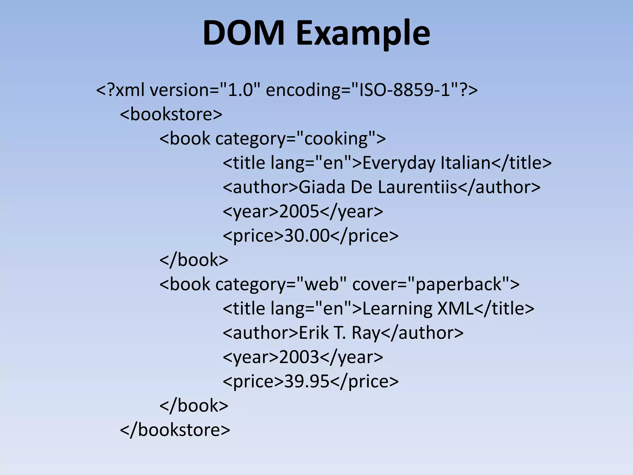DOM Example
<?xml version="1.0" encoding="ISO-8859-1"?>
  <bookstore>
       <book category="cooking">
              <title lang="en">Everyday Italian</title>
              <author>Giada De Laurentiis</author>
              <year>2005</year>
              <price>30.00</price>
       </book>
       <book category="web" cover="paperback">
              <title lang="en">Learning XML</title>
              <author>Erik T. Ray</author>
              <year>2003</year>
              <price>39.95</price>
       </book>
  </bookstore>
 