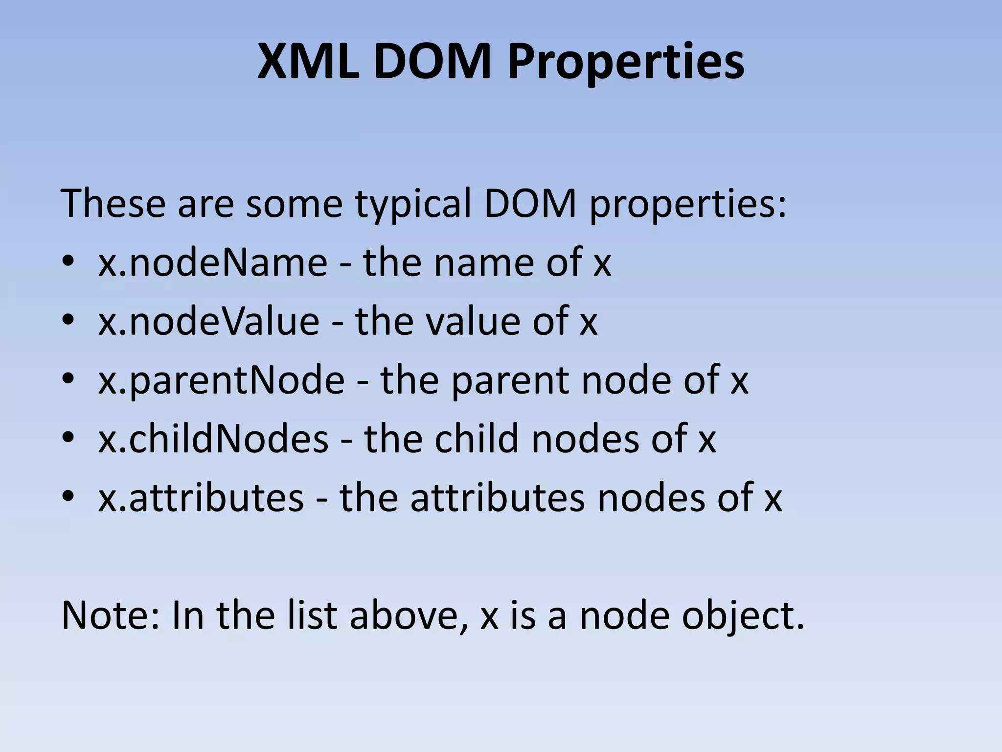 XML DOM Properties

These are some typical DOM properties:
&bull; x.nodeName - the name of x
&bull; x.nodeValue - the value of x
&bull; x.parentNode - the parent node of x
&bull; x.childNodes - the child nodes of x
&bull; x.attributes - the attributes nodes of x

Note: In the list above, x is a node object.
 