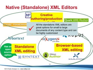 Native (Standalone) XML Editors
                                                           Creative
                                                   authoring/production
                                                        merged with
                                                      All the standalone XML editors are

                                            
                                                     structural editing to large
                                                      great options for small
                                                       documents of any content type and can
                                                       be highly customized




Has an            Standalone                                              Browser-based
 open                                                                        XML editing
source            XML editing
option


                                                                   14

©2010 Really Strategies, Inc. | www.reallysi.com
 