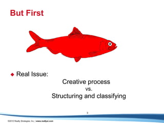 But First

       Why Are We Talking About This?
            User resistance to native XML editing
            Users not technical enough for XML editing
            Users not under my control




       Real Issue:
                                                   Creative process
                                                          vs.
                                              Structuring and classifying

                                                           9

©2010 Really Strategies, Inc. | www.reallysi.com
 