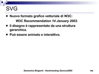 SVG Nuovo formato grafico vettoriale di W3C: W3C Recommendation  14 January 2003 . Il disegno è rappresentato da una struttura gerarchica. Può essere animato e interattivo. 