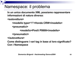 Namespace: il problema In un unico documento XML possiamo rappresentare informazioni di natura diversa: <autovettura> <modello type=“I”>Honda CRW</modello> <pneumatici> <modello>Pirelli P9999</modello> </pneumatici> </autovettura> Come distinguere i vari tag in base al loro significato? Con i Namespace 
