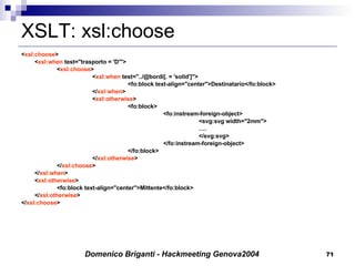 XSLT: xsl:choose < xsl:choose > < xsl:when  test="trasporto = 'D'"> < xsl:choose > < xsl:when  test="../@bordi[. = 'solid']"> <fo:block text-align="center">Destinatario</fo:block> </ xsl:when > < xsl:otherwise > <fo:block> <fo:instream-foreign-object> <svg:svg width="2mm"> … . </svg:svg> </fo:instream-foreign-object> </fo:block> </ xsl:otherwise > </ xsl:choose > </ xsl:when > < xsl:otherwise > <fo:block text-align="center">Mittente</fo:block> </ xsl:otherwise > </ xsl:choose > 
