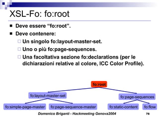 XSL-Fo: fo:root Deve essere “fo:root”. Deve contenere: Un singolo fo:layout-master-set. Uno o più fo:page-sequences. Una facoltativa sezione fo:declarations (per le dichiarazioni relative al colore, ICC Color Profile). fo:simple-page-master fo:root fo:page-sequences fo:layout-master-set fo:page-sequence-master fo:static-content fo:flow 