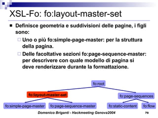 XSL-Fo: fo:layout-master-set Definisce geometria e suddivisioni delle pagine, i figli sono: Uno o più fo:simple-page-master: per la struttura della pagina. Delle facoltative sezioni fo:page-sequence-master: per descrivere con quale modello di pagina si deve renderizzare durante la formattazione. fo:simple-page-master fo:root fo:page-sequences fo:layout-master-set fo:page-sequence-master fo:static-content fo:flow 