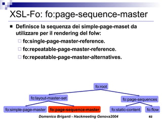 XSL-Fo: fo:page-sequence-master Definisce la sequenza dei simple-page-maset da utilizzare per il rendering del folw: fo:single-page-master-reference. fo:repeatable-page-master-reference. fo:repeatable-page-master-alternatives. fo:simple-page-master fo:root fo:page-sequences fo:layout-master-set fo:page-sequence-master fo:static-content fo:flow 