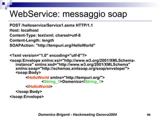 WebService: messaggio soap POST /helloservice/Service1.asmx HTTP/1.1  Host: localhost  Content-Type: text/xml; charset=utf-8  Content-Length:  length   SOAPAction: "http://tempuri.org/HelloWorld"  <?xml version="1.0" encoding="utf-8"?>  < soap :Envelope xmlns:xsi="http://www.w3.org/2001/XMLSchema-instance" xmlns:xsd="http://www.w3.org/2001/XMLSchema" xmlns:soap="http://schemas.xmlsoap.org/soap/envelope/"> < soap :Body>    < HelloWorld  xmlns="http://tempuri.org/">  < String_1 >Domenico</ String_1 >  </ HelloWorld >  </ soap :Body> </ soap :Envelope>  