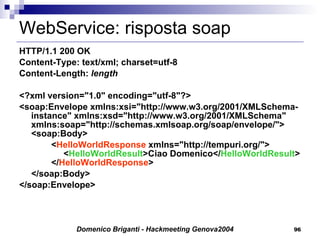WebService: risposta soap HTTP/1.1 200 OK  Content-Type: text/xml; charset=utf-8  Content-Length:  length   <?xml version="1.0" encoding="utf-8"?>  < soap :Envelope xmlns:xsi="http://www.w3.org/2001/XMLSchema-instance" xmlns:xsd="http://www.w3.org/2001/XMLSchema" xmlns:soap="http://schemas.xmlsoap.org/soap/envelope/"> < soap :Body>  < HelloWorldResponse  xmlns="http://tempuri.org/">    < HelloWorldResult >Ciao Domenico</ HelloWorldResult >  </ HelloWorldResponse >  </ soap :Body>  </ soap :Envelope>  