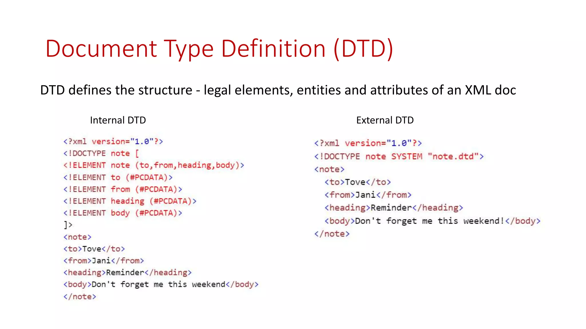 Document Type Definition (DTD)
Internal DTD External DTD
DTD defines the structure - legal elements, entities and attributes of an XML doc
 