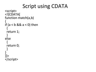 Script using CDATA
<script>
<![CDATA[
function match(a,b)
{
if (a < b && a < 0) then
{
return 1;
}
else
{
return 0;
}
}
]]>
</script>
 