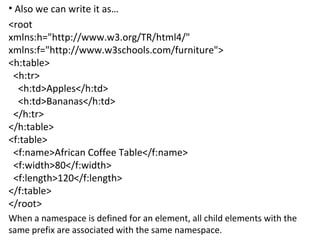 • Also we can write it as…
<root
xmlns:h="http://www.w3.org/TR/html4/"
xmlns:f="http://www.w3schools.com/furniture">
<h:table>
<h:tr>
<h:td>Apples</h:td>
<h:td>Bananas</h:td>
</h:tr>
</h:table>
<f:table>
<f:name>African Coffee Table</f:name>
<f:width>80</f:width>
<f:length>120</f:length>
</f:table>
</root>
When a namespace is defined for an element, all child elements with the
same prefix are associated with the same namespace.
 
