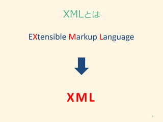XMLとは
3
EXtensible Markup Language
XML
 