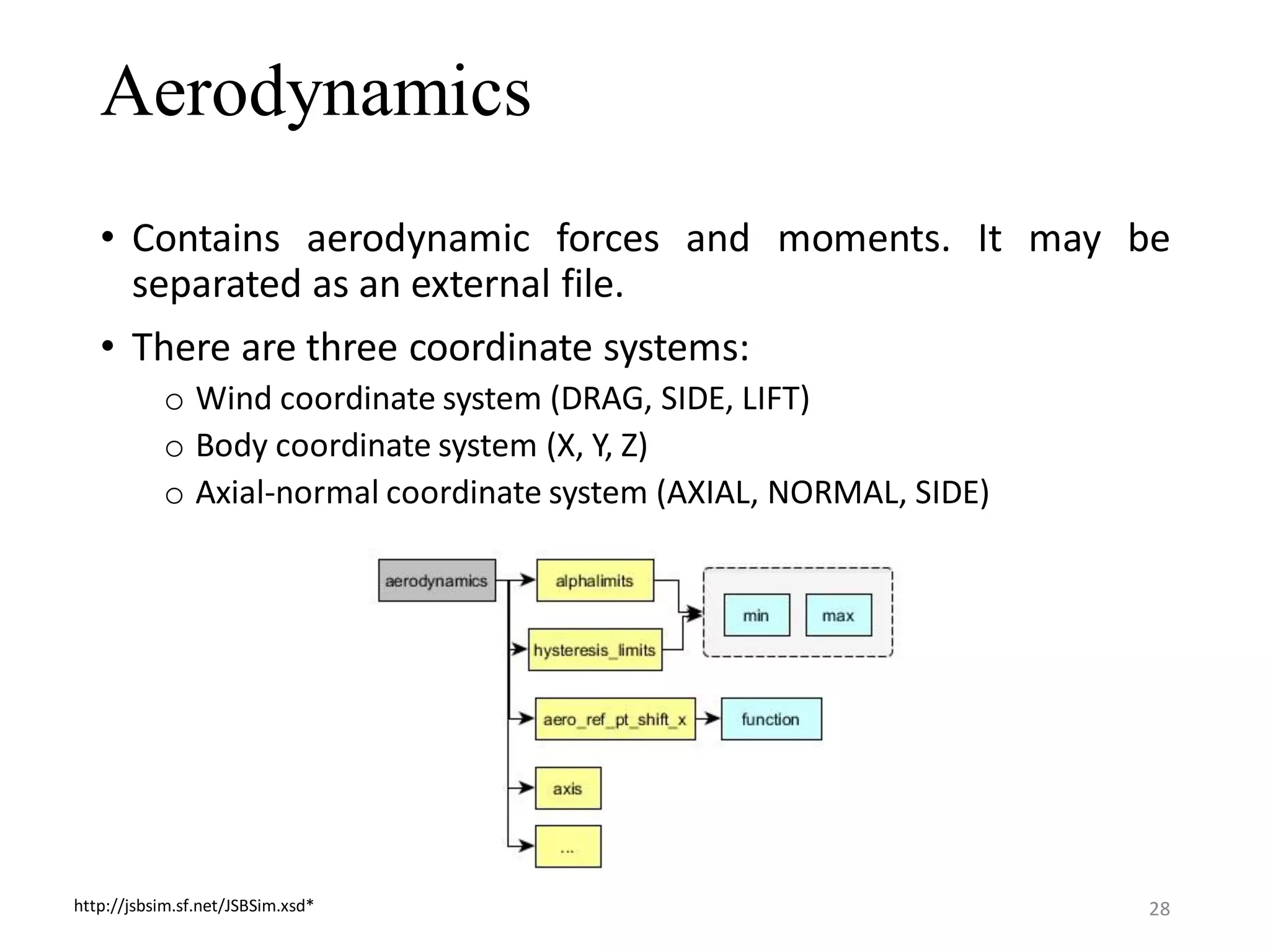 Aerodynamics • Contains aerodynamic forces and moments. It may be separated as an external file. • There are three coordinate systems: o Wind coordinate system (DRAG, SIDE, LIFT) o Body coordinate system (X, Y, Z) o Axial-normal coordinate system (AXIAL, NORMAL, SIDE) http://jsbsim.sf.net/JSBSim.xsd* 28 