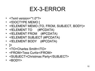 EX-3-ERROR <?xml version="1.0"?> <!DOCTYPE MEMO [ <!ELEMENT MEMO (TO, FROM, SUBJECT, BODY)> <!ELEMENT TO  (#PCDATA) <!ELEMENT FROM  (#PCDATA) <!ELEMENT SUBJECT (#PCDATA) <!ELEMENT BODY  (#PCDATA) ]> <TO>Charles Smith</TO> <FROM>Tess Curtis</FROM> <SUBJECT>Christmas Party</SUBJECT> <BODY> 