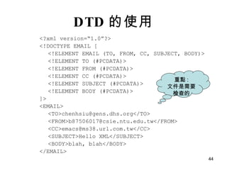 DTD 的使用 <?xml version=“1.0”?> <!DOCTYPE EMAIL [ <!ELEMENT EMAIL (TO, FROM, CC, SUBJECT, BODY)> <!ELEMENT TO (#PCDATA)> <!ELEMENT FROM (#PCDATA)> <!ELEMENT CC (#PCDATA)> <!ELEMENT SUBJECT (#PCDATA)> <!ELEMENT BODY (#PCDATA)> ]> <EMAIL> <TO>chenhsiu@gens.dhs.org</TO> <FROM>b87506017@csie.ntu.edu.tw</FROM> <CC>emacs@ms38.url.com.tw</CC> <SUBJECT>Hello XML</SUBJECT> <BODY>blah, blah</BODY> </EMAIL> 重點 : 文件是需要檢查的 