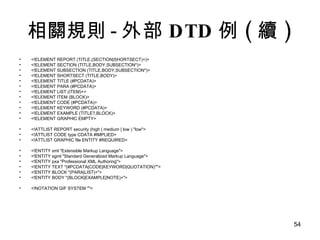 相關規則 - 外部 DTD 例 ( 續 ) <!ELEMENT REPORT (TITLE,(SECTION|SHORTSECT)+)> <!ELEMENT SECTION (TITLE,BODY,SUBSECTION*)> <!ELEMENT SUBSECTION (TITLE,BODY,SUBSECTION*)> <!ELEMENT SHORTSECT (TITLE,BODY)> <!ELEMENT TITLE (#PCDATA)> <!ELEMENT PARA (#PCDATA)> <!ELEMENT LIST (ITEM)+> <!ELEMENT ITEM (BLOCK)> <!ELEMENT CODE (#PCDATA)> <!ELEMENT KEYWORD (#PCDATA)> <!ELEMENT EXAMPLE (TITLE?,BLOCK)> <!ELEMENT GRAPHIC EMPTY> <!ATTLIST REPORT security (high | medium | low ) "low"> <!ATTLIST CODE type CDATA #IMPLIED> <!ATTLIST GRAPHIC file ENTITY #REQUIRED>  <!ENTITY xml "Extensible Markup Language"> <!ENTITY sgml "Standard Generalized Markup Language"> <!ENTITY pxa "Professional XML Authoring"> <!ENTITY TEXT "(#PCDATA|CODE|KEYWORD|QUOTATION)*"> <!ENTITY BLOCK "(PARA|LIST)+"> <!ENTITY BODY "(BLOCK|EXAMPLE|NOTE)+">  <!NOTATION GIF SYSTEM ""> 