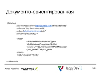 Документо-ориентированная

<document
            xsi:schemaLocation="http://yoursite.com/article article.xsd”
            xmlns:dc="http://yoursite.com/dc"
            xmlns="http://marklogic.com/articl"
            uri=”/article/maxim/123”>

            <meta>
                       <dc:type>journal-article</dc:type>
                       <dc:title>Анна Курникова</dc:title>
                       <source uri=”/journal/maxim”>MAXIM</source>
                       <pub_year>2004</pub_year>
            </meta>
            <body> images!!! </body>


</document>


                                                                           7/21
 