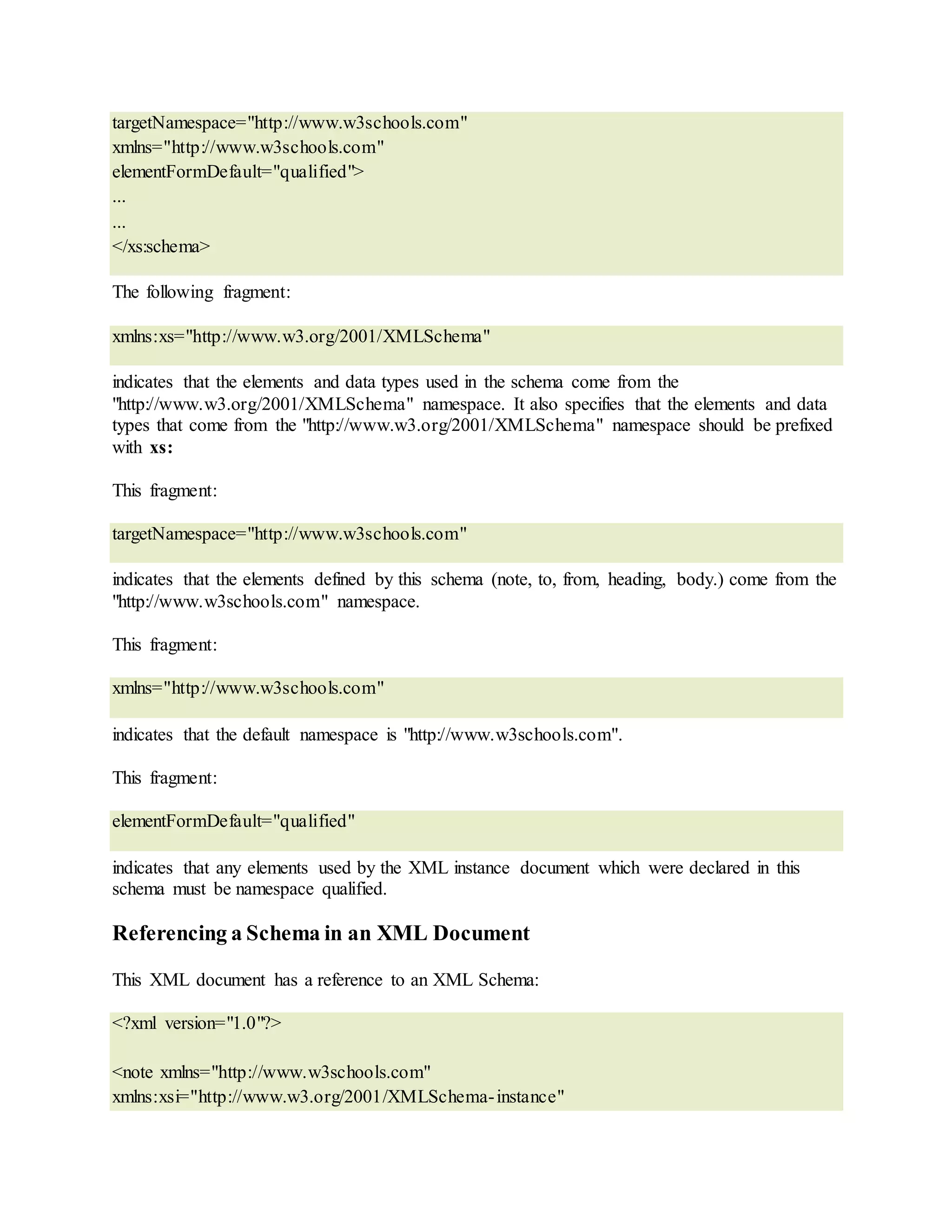 targetNamespace="http://www.w3schools.com"
xmlns="http://www.w3schools.com"
elementFormDefault="qualified">
...
...
</xs:schema>
The following fragment:
xmlns:xs="http://www.w3.org/2001/XMLSchema"
indicates that the elements and data types used in the schema come from the
"http://www.w3.org/2001/XMLSchema" namespace. It also specifies that the elements and data
types that come from the "http://www.w3.org/2001/XMLSchema" namespace should be prefixed
with xs:
This fragment:
targetNamespace="http://www.w3schools.com"
indicates that the elements defined by this schema (note, to, from, heading, body.) come from the
"http://www.w3schools.com" namespace.
This fragment:
xmlns="http://www.w3schools.com"
indicates that the default namespace is "http://www.w3schools.com".
This fragment:
elementFormDefault="qualified"
indicates that any elements used by the XML instance document which were declared in this
schema must be namespace qualified.
Referencing a Schema in an XML Document
This XML document has a reference to an XML Schema:
<?xml version="1.0"?>
<note xmlns="http://www.w3schools.com"
xmlns:xsi="http://www.w3.org/2001/XMLSchema-instance"
 