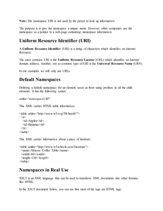 Note: The namespace URI is not used by the parser to look up information.
The purpose is to give the namespace a unique name. However, often companies use the
namespace as a pointer to a web page containing namespace information.
Uniform Resource Identifier (URI)
A Uniform Resource Identifier (URI) is a string of characters which identifies an Internet
Resource.
The most common URI is the Uniform Resource Locator (URL) which identifies an Internet
domain address. Another, not so common type of URI is the Universal Resource Name (URN).
In our examples we will only use URLs.
Default Namespaces
Defining a default namespace for an element saves us from using prefixes in all the child
elements. It has the following syntax:
xmlns="namespaceURI"
This XML carries HTML table information:
<table xmlns="http://www.w3.org/TR/html4/">
<tr>
<td>Apples</td>
<td>Bananas</td>
</tr>
</table>
This XML carries information about a piece of furniture:
<table xmlns="http://www.w3schools.com/furniture">
<name>African Coffee Table</name>
<width>80</width>
<length>120</length>
</table>
Namespaces in Real Use
XSLT is an XML language that can be used to transform XML documents into other formats,
like HTML.
In the XSLT document below, you can see that most of the tags are HTML tags.
 