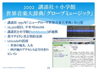 日本電子出版協会 年末セミナー
 1年間の電子出版関連の出来事、総まとめ
 2001年 2002年
 出版は、知識、情報そして感動の提供
 その媒体が、この500年間「たまたま紙だった」
 1999-2002 多くのセミナーを企画、開催
 ※現在も2回/月のペースでセミナーを開催
2000-02 JEPA年末セミナー
「たまたま紙だった」
(C) 2012-16 EAST Co.,Ltd. K.Shimokawa 23
 