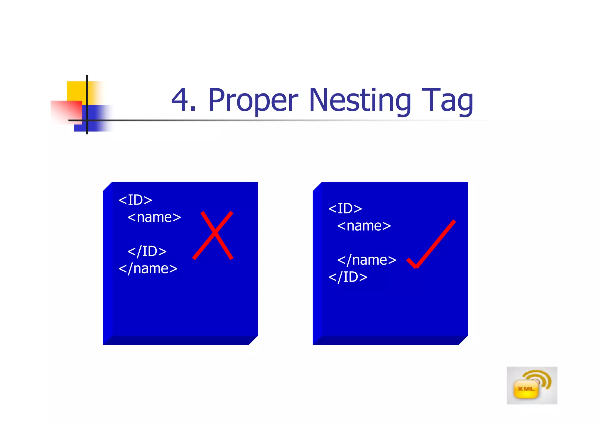 4. Proper Nesting Tag

<ID>
                <ID>
 <name>
                 <name>
 </ID>
                 </name>
</name>
                </ID>
 