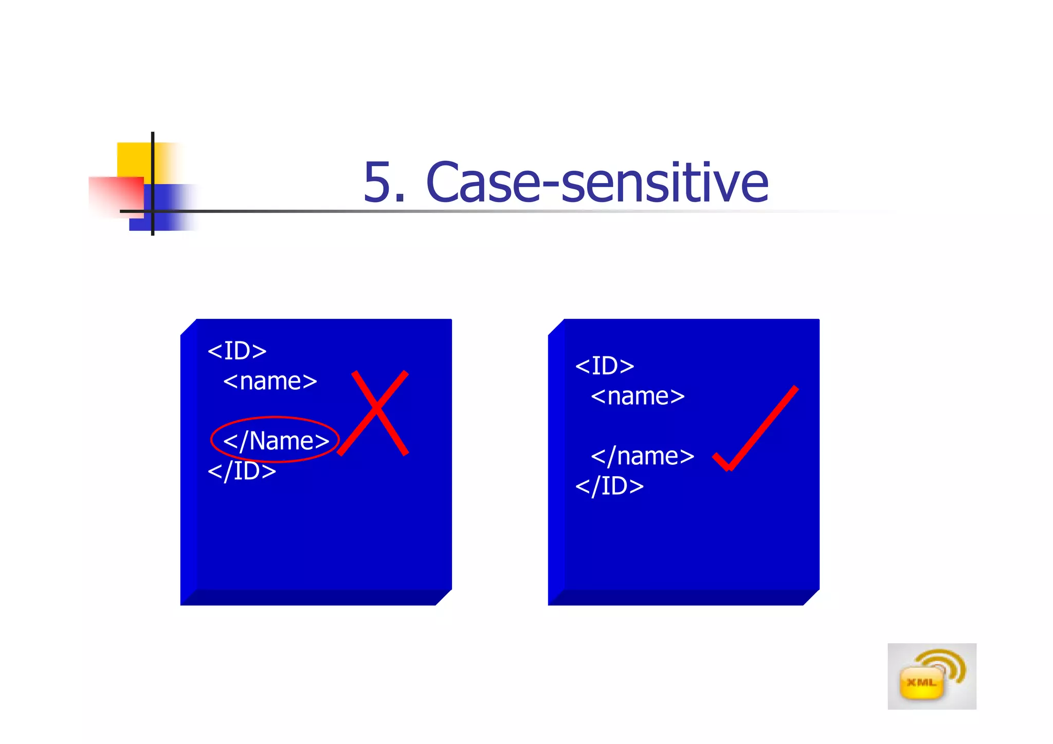 5. Case-sensitive

<ID>
                   <ID>
 <name>
                    <name>
 </Name>
                    </name>
</ID>
                   </ID>
 