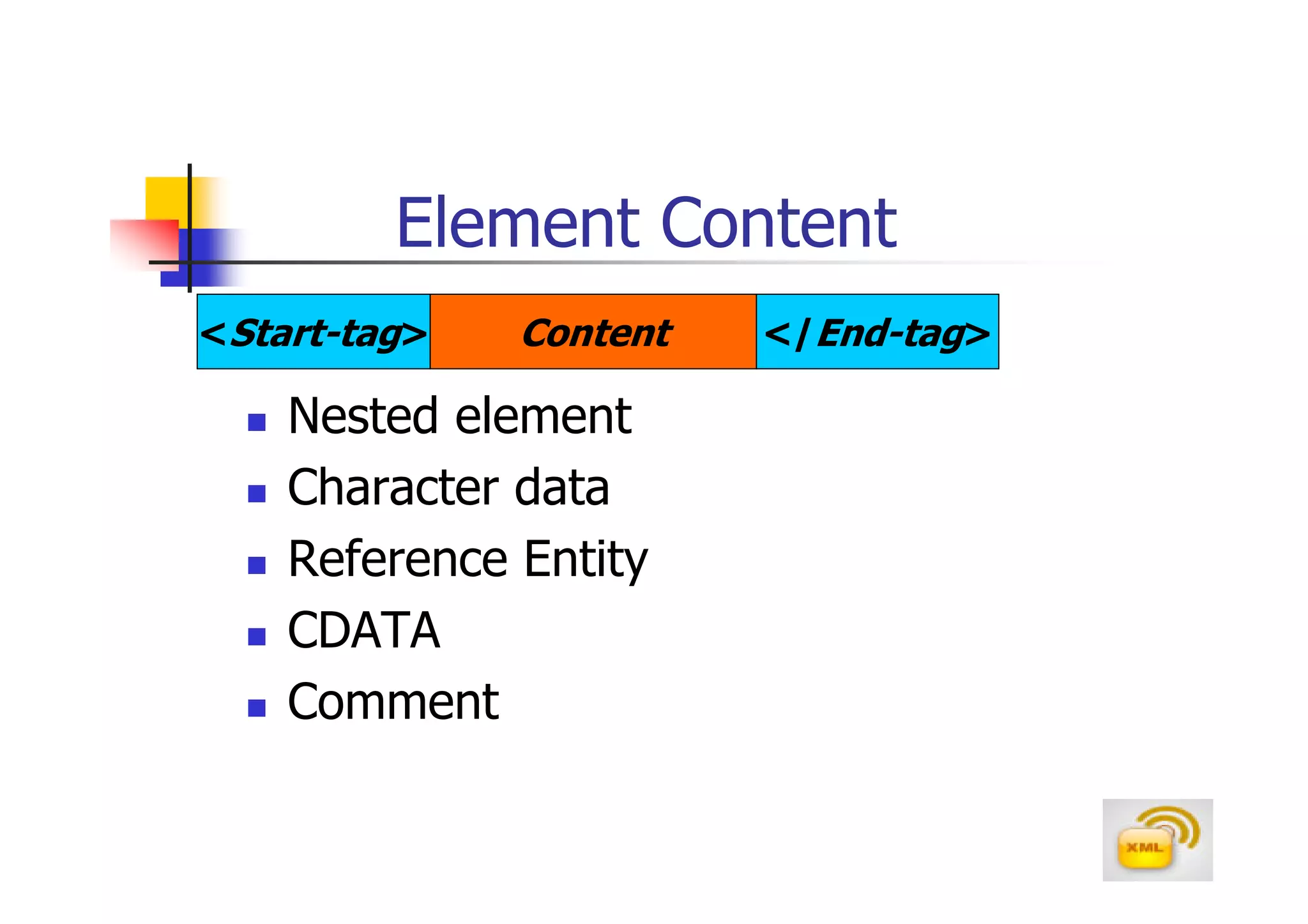Element Content
<Start-tag>   Content   </End-tag>

    Nested element
    Character data
    Reference Entity
    CDATA
    Comment
 
