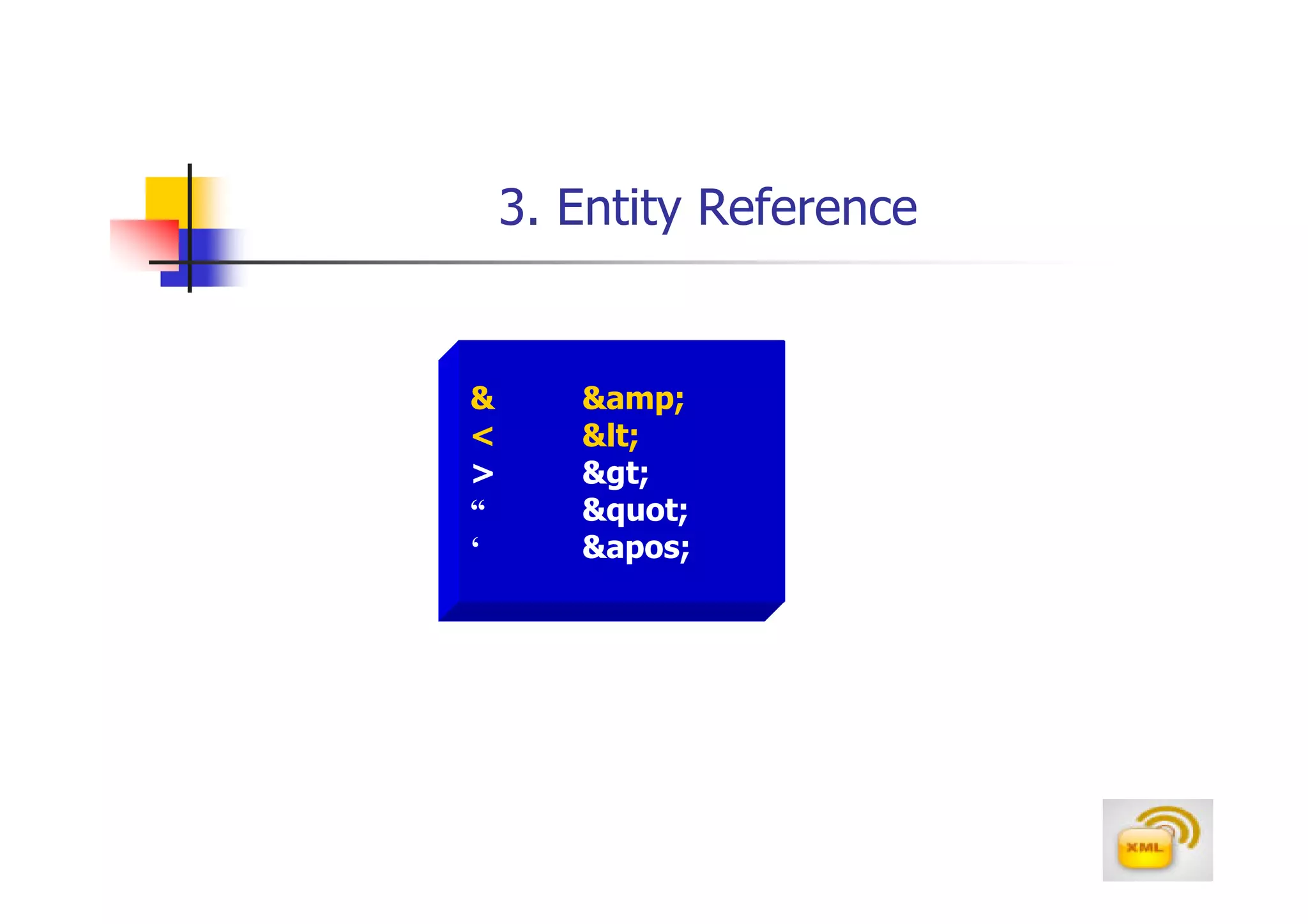 3. Entity Reference


&      &amp;
<      <
>      >
“      "
‘      '
 