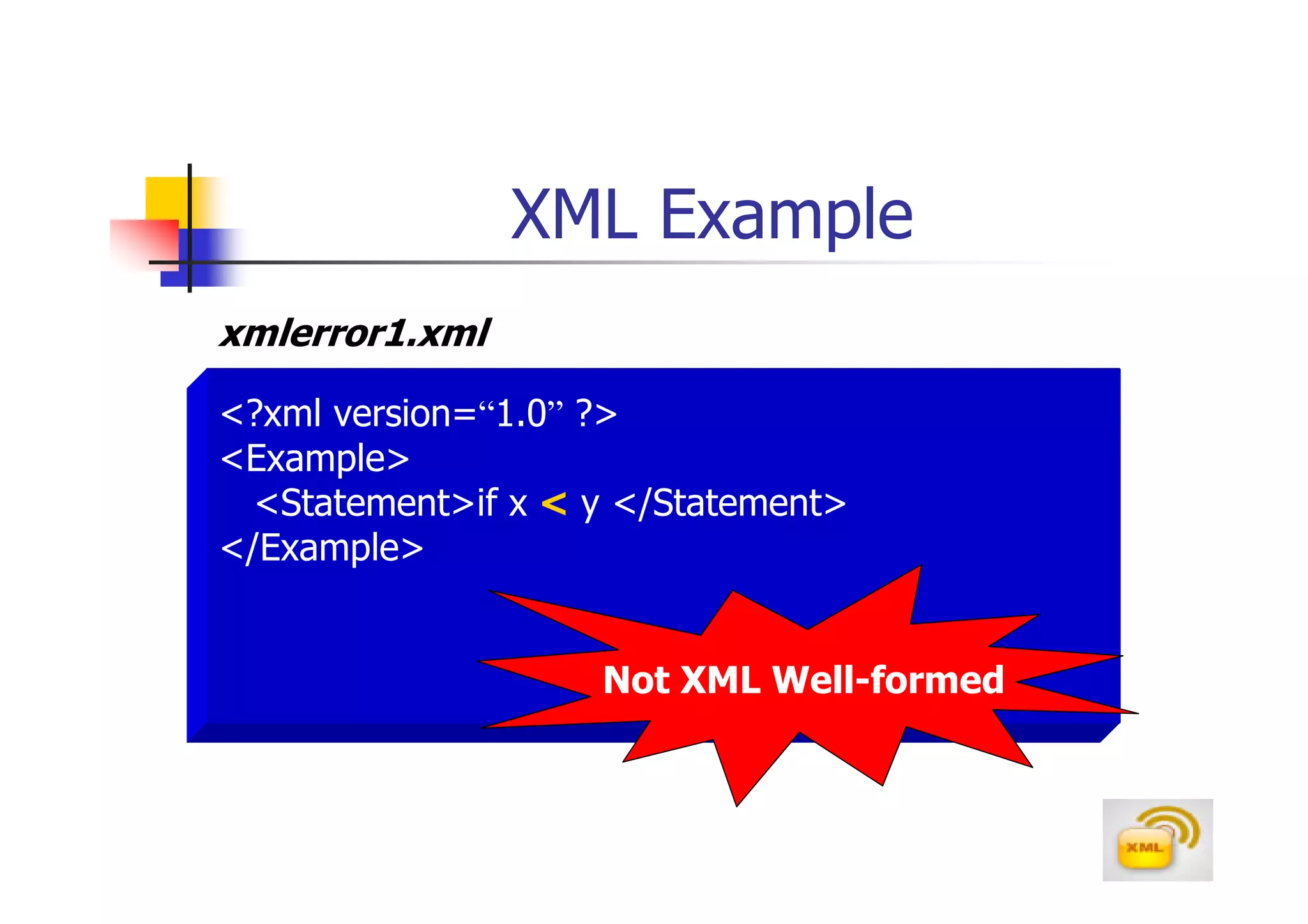 XML Example
xmlerror1.xml

<?xml version=“1.0” ?>
<Example>
  <Statement>if x < y </Statement>
</Example>


                    Not XML Well-formed
 