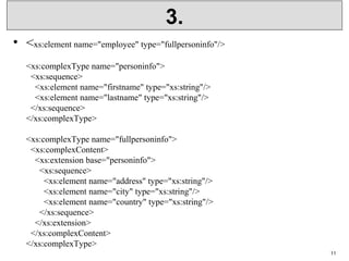 3.
• <xs:element name="employee" type="fullpersoninfo"/>
<xs:complexType name="personinfo">
  <xs:sequence>
    <xs:element name="firstname" type="xs:string"/>
    <xs:element name="lastname" type="xs:string"/>
  </xs:sequence>
</xs:complexType>
<xs:complexType name="fullpersoninfo">
  <xs:complexContent>
    <xs:extension base="personinfo">
      <xs:sequence>
        <xs:element name="address" type="xs:string"/>
        <xs:element name="city" type="xs:string"/>
        <xs:element name="country" type="xs:string"/>
      </xs:sequence>
    </xs:extension>
  </xs:complexContent>
</xs:complexType>
11
 